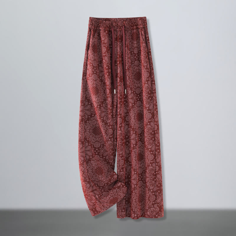 Buddha Stones Casual Floral Pattern Polyester Women's Wide Leg Pants With Pockets - FireBrick - US12，UK/AU16，EU44 (3XL) - image 5