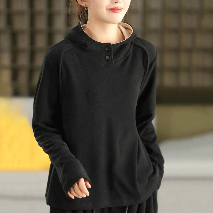 Buddha Stones Winter Solid Color Cotton Thickened Long Sleeve Women's Hoodie Has Hood - Black - US4，UK/AU8，EU36 (F) - image 16