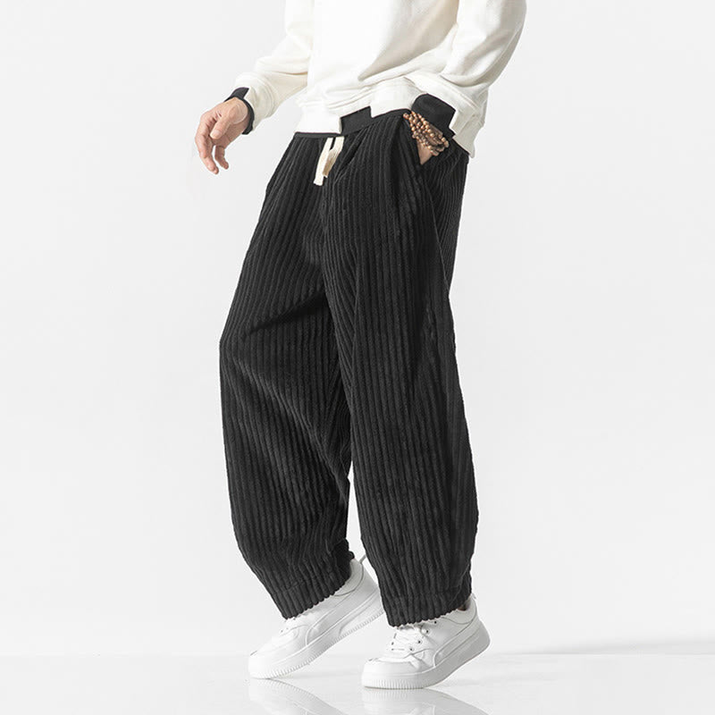 Buddha Stones Retro Winter Solid Color Men's Drawstring Corduroy Harem Pants With Pockets - image 11