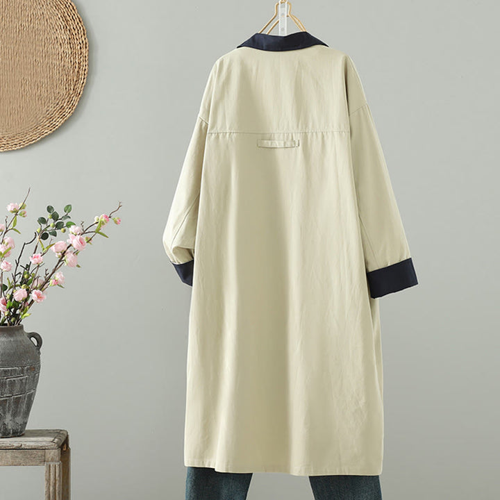 Buddha Stones Fall Lapel Buttons Patchwork Design Women's Cotton Long Sleeve Coat With Pockets - image 2