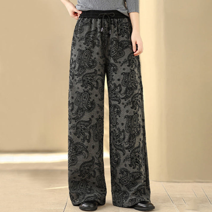 Buddha Stones Jacquard Paisley Pattern Women's Wide Leg Thermal Fleece-Lined Cotton Pants With Pockets - image 3