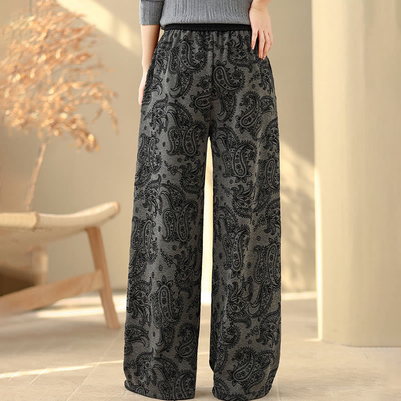 Buddha Stones Jacquard Paisley Pattern Women's Wide Leg Thermal Fleece-Lined Cotton Pants With Pockets - image 4