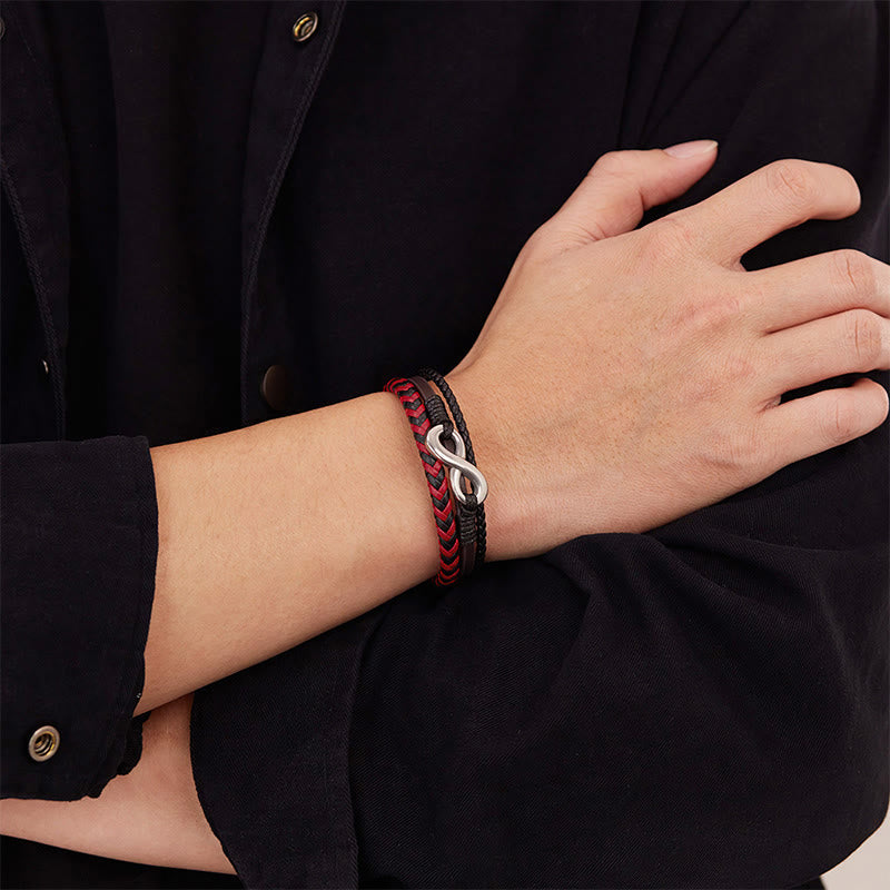 Buddha Stones Infinitely Design Titanium Steel Braided Three-layer Leather Balance Bracelet - image 13