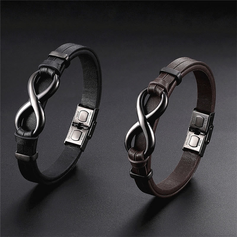 Buddha Stones Infinitely Design Titanium Steel Single Layer Leather Balance Bracelet - image 9