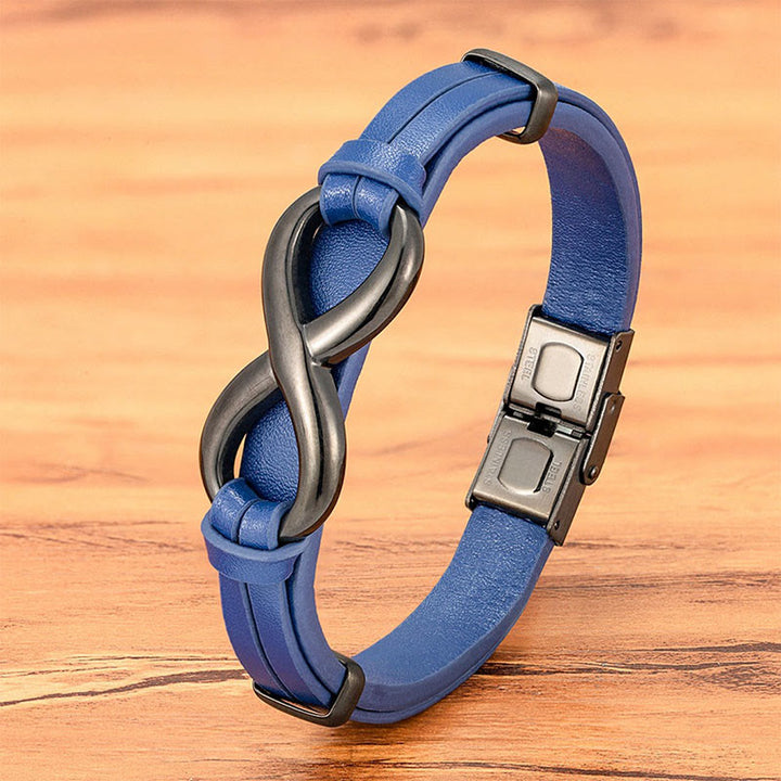 Buddha Stones Infinitely Design Titanium Steel Multicolored Leather Strengthen Bracelet - Blue Leather Black Buckle - 20-22cm - image 11