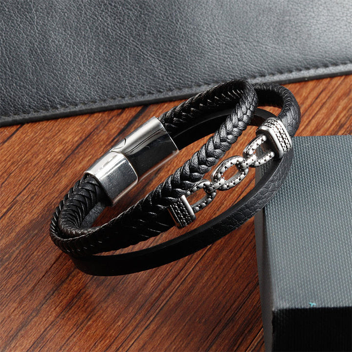 Buddha Stones Handmade Chain Link Design Titanium Steel Leather Strengthen Bracelet - image 3