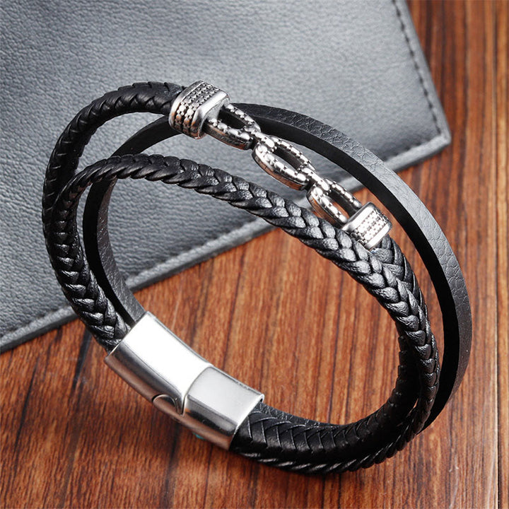 Buddha Stones Handmade Chain Link Design Titanium Steel Leather Strengthen Bracelet - image 2