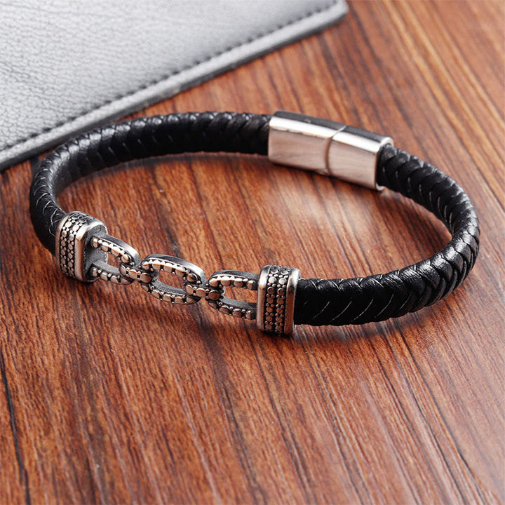 Buddha Stones Handmade Chain Link Design Titanium Steel Leather Strengthen Bracelet - image 11