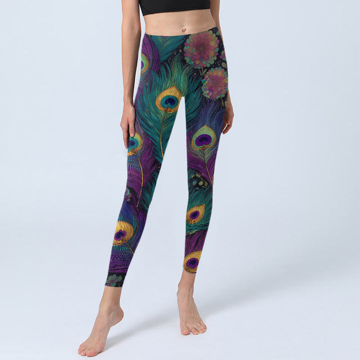 Buddha Stones Gorgeous Peacock Feather Flower Pattern Print Gym Leggings Women's Yoga Pants - image 5