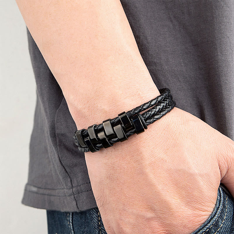 Buddha Stones Geometric Design Titanium Steel Leather Strengthen Bracelet - image 2