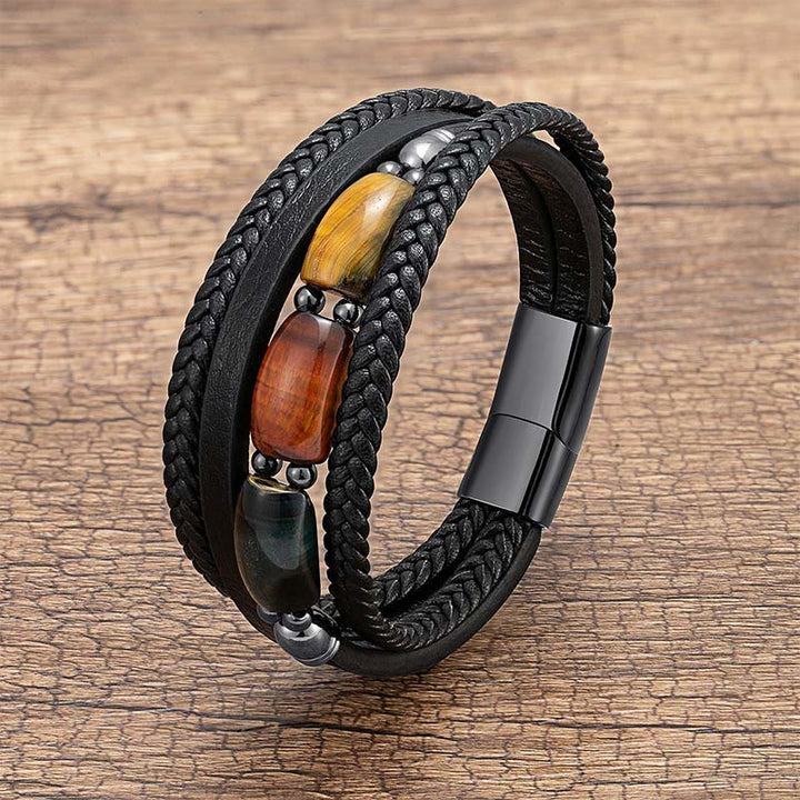 Buddha Stones Natural Tiger Eye Green Tiger Eye Red Tiger Eye Leather Strengthen Bracelet - Mixed Tiger Eye - 19-21cm - image 0