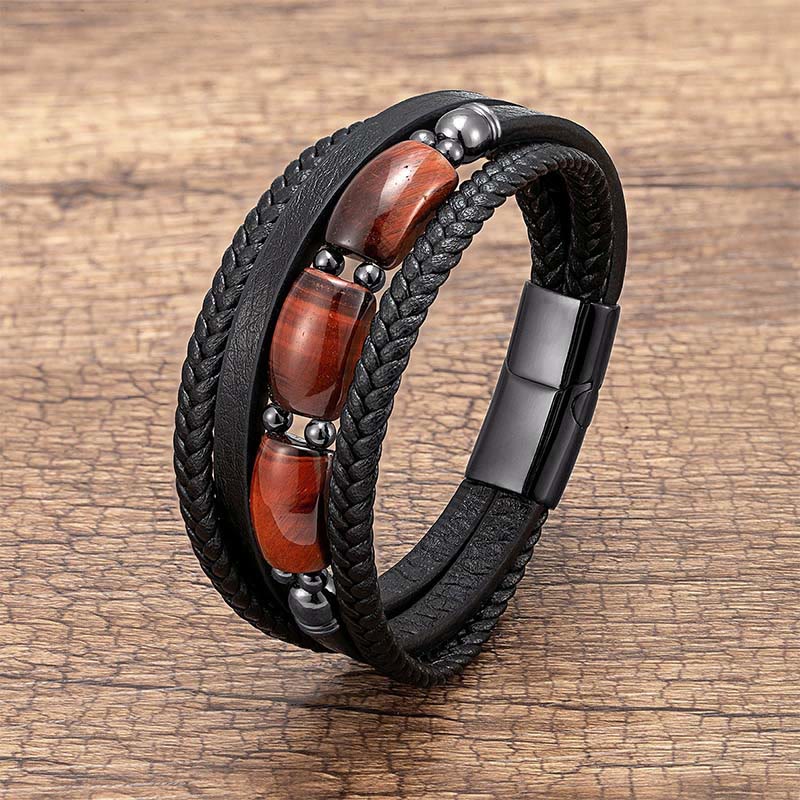 Buddha Stones Natural Tiger Eye Green Tiger Eye Red Tiger Eye Leather Strengthen Bracelet - Red Tiger Eye - 18-22cm - image 7