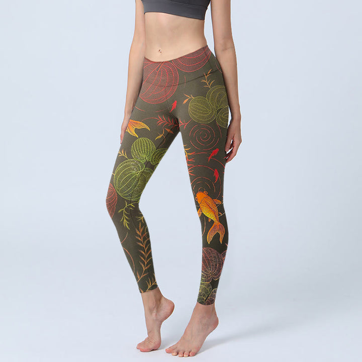 Buddha Stones Colorful Koi Fish Water Ripples Plant Pattern Print Gym Leggings Women's Yoga Pants - DarkOliveGreen - US18，UK/AU22，EU50 (4XL) - image 0