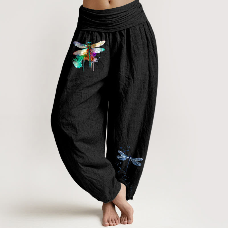 Buddha Stones Pure Cotton Dreamy Dragonfly Pattern Women's Elastic Waist Harem Pants - Black - US16，UK/AU20，EU48 (3XL) - image 0