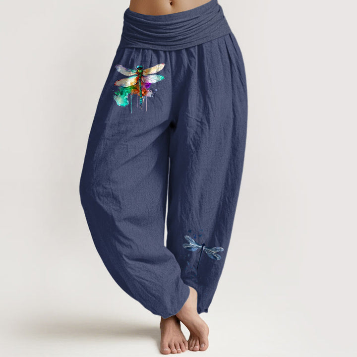 Buddha Stones Pure Cotton Dreamy Dragonfly Pattern Women's Elastic Waist Harem Pants - DarkSlateBlue - US16，UK/AU20，EU48 (3XL) - image 5