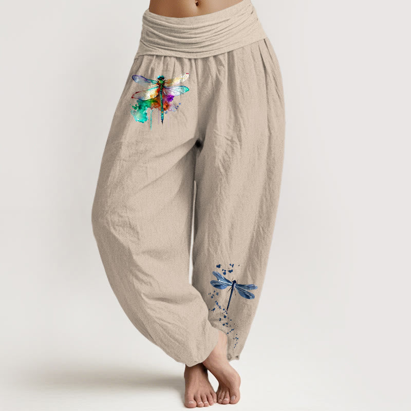 Buddha Stones Pure Cotton Dreamy Dragonfly Pattern Women's Elastic Waist Harem Pants - Tan - US16，UK/AU20，EU48 (3XL) - image 11