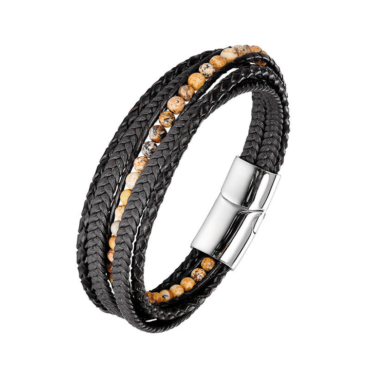 Buddha Stones Hematite Indian Agate Tiger Eye Amazonite Beaded Leather Strengthen Bracelet - Picture Jasper Silver Buckle - 18-22cm - image 11