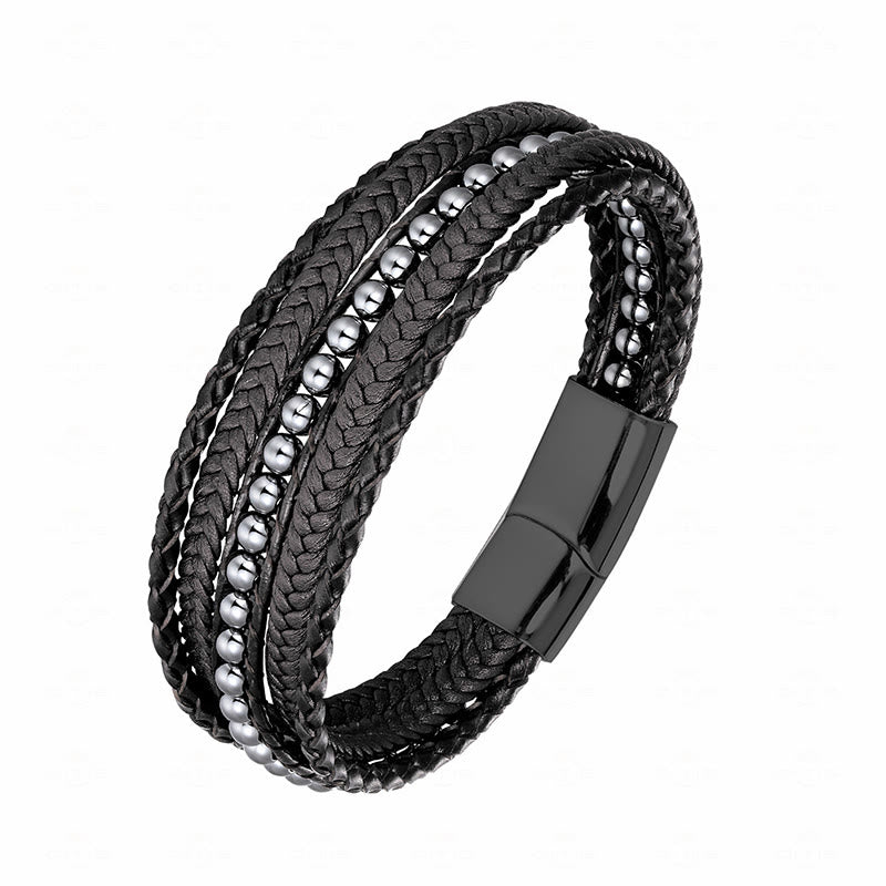 Buddha Stones Hematite Indian Agate Tiger Eye Amazonite Beaded Leather Strengthen Bracelet - Hematite Black Buckle - 18-22cm - image 0