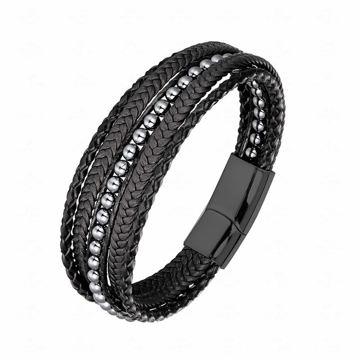 Buddha Stones Hematite Indian Agate Tiger Eye Amazonite Beaded Leather Strengthen Bracelet - Hematite Black Buckle - 18-22cm - image 0