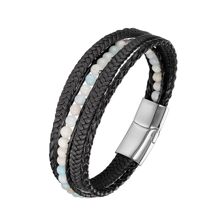 Buddha Stones Hematite Indian Agate Tiger Eye Amazonite Beaded Leather Strengthen Bracelet - Amazonite Silver Buckle - 18-22cm - image 8