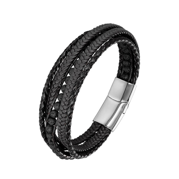 Buddha Stones Hematite Indian Agate Tiger Eye Amazonite Beaded Leather Strengthen Bracelet - Lava Rock Silver Buckle - 19-21cm - image 15