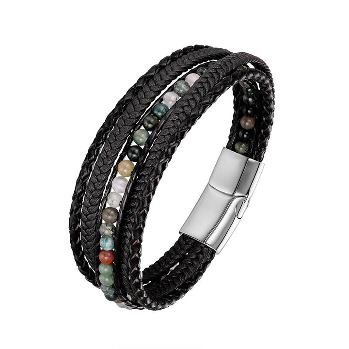 Buddha Stones Hematite Indian Agate Tiger Eye Amazonite Beaded Leather Strengthen Bracelet - Indian Agate Silver Buckle - 18-22cm - image 3