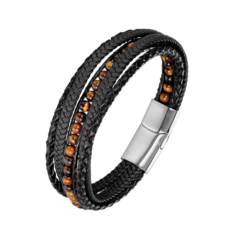 Buddha Stones Hematite Indian Agate Tiger Eye Amazonite Beaded Leather Strengthen Bracelet - Tiger Eye Silver Buckle - 18-22cm - image 5