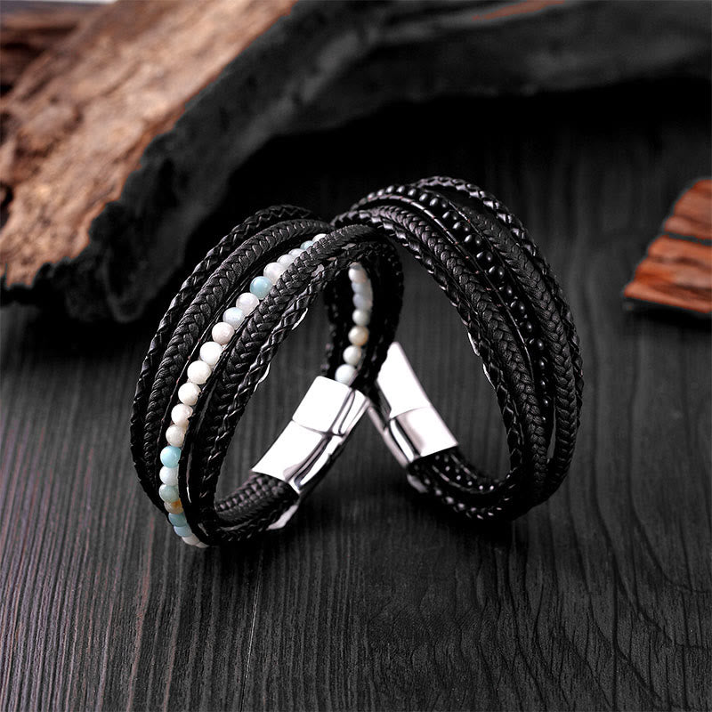 Buddha Stones Hematite Indian Agate Tiger Eye Amazonite Beaded Leather Strengthen Bracelet - image 27