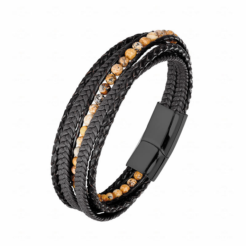 Buddha Stones Hematite Indian Agate Tiger Eye Amazonite Beaded Leather Strengthen Bracelet - Picture Jasper Black Buckle - 19-21cm - image 19