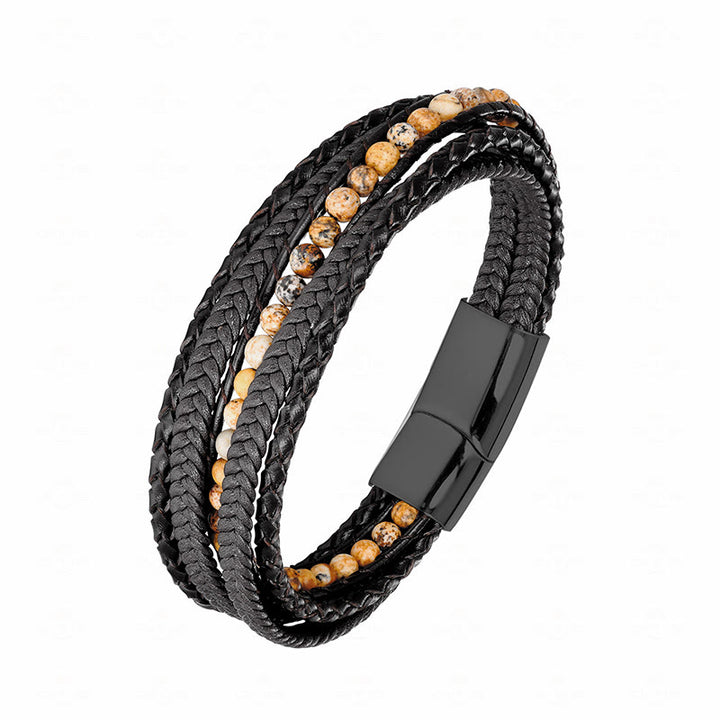 Buddha Stones Hematite Indian Agate Tiger Eye Amazonite Beaded Leather Strengthen Bracelet - Picture Jasper Black Buckle - 18-22cm - image 19