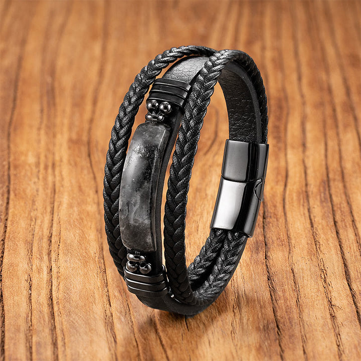 Buddha Stones Hematite Lazurite Black Glitter Stone Pink Crystal Titanium Steel Leather Strengthen Bracelet - Black Glitter Stone - 18-22cm - image 5