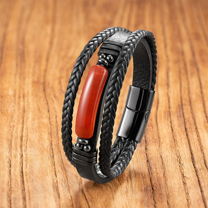 Buddha Stones Hematite Lazurite Black Glitter Stone Pink Crystal Titanium Steel Leather Strengthen Bracelet - Red Liuli - 18-22cm - image 9