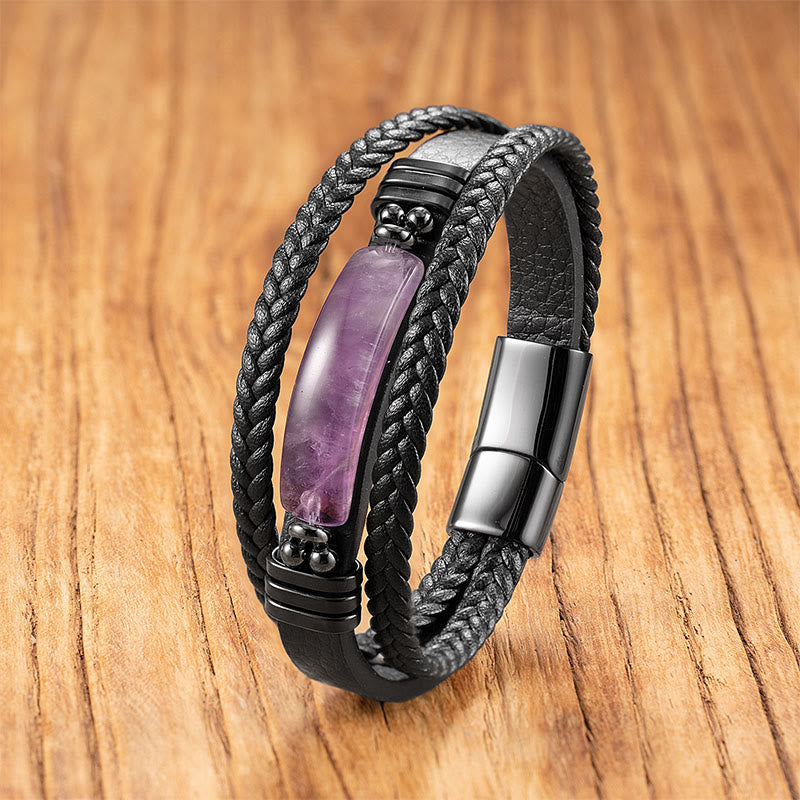 Buddha Stones Hematite Lazurite Lapis Lazuli Black Glitter Stone Pink Crystal Titanium Steel Leather Strengthen Bracelet - Amethyst - 18-22cm - image 12