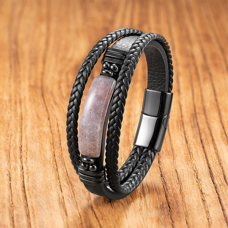 Buddha Stones Hematite Lazurite Black Glitter Stone Pink Crystal Titanium Steel Leather Strengthen Bracelet - Pink Agate - 18-22cm - image 24