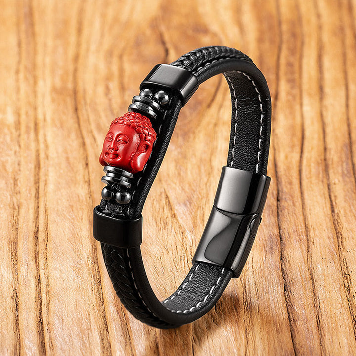 Buddha Stones Cinnabar Buddha Symbol Koi Fish Dragon Fu Character Pi Xiu Design Leather Blessing Bracelet - Buddha Head - 18-22cm - image 0