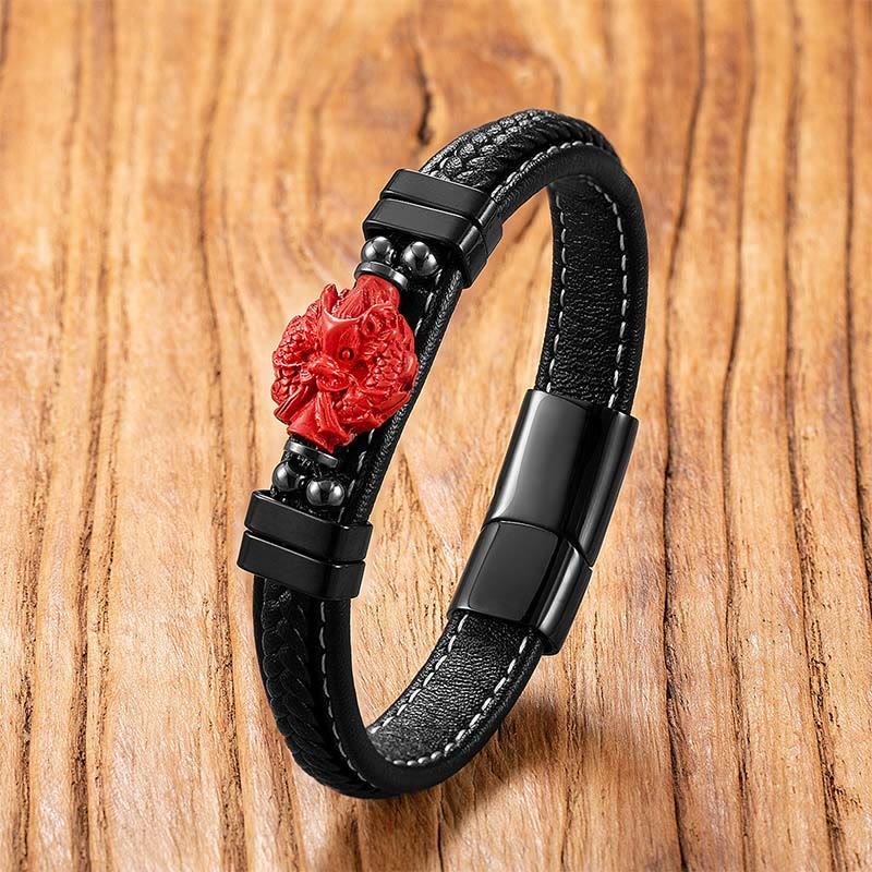 Buddha Stones Cinnabar Buddha Symbol Koi Fish Dragon Fu Character Pi Xiu Design Leather Blessing Bracelet - Dragon Head&Fish - 18-22cm - image 5