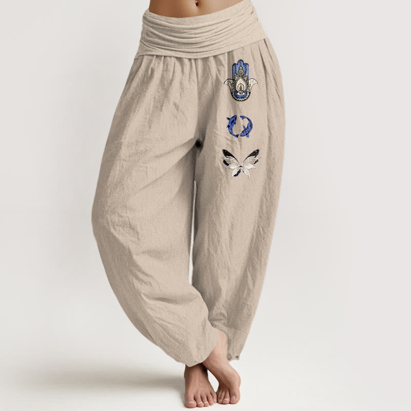 Buddha Stones Pure Cotton Hamsa's Hand Koi Fish Butterfly Pattern Women's Elastic Waist Harem Pants - Tan - US16，UK/AU20，EU48 (3XL) - image 0