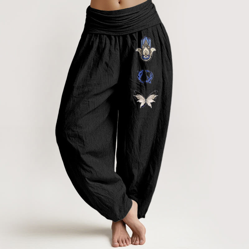 Buddha Stones Pure Cotton Hamsa's Hand Koi Fish Butterfly Pattern Women's Elastic Waist Harem Pants - Black - US16，UK/AU20，EU48 (3XL) - image 5