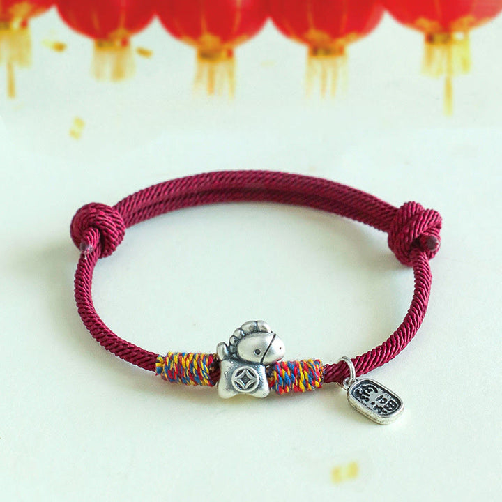 Buddha Stones 999 Sterling Silver Year Of The Horse Fu Character Attract Fortune String Rope Luck Bracelet - Darkred Rope(Wrist Circumference: 14-19cm) - image 1
