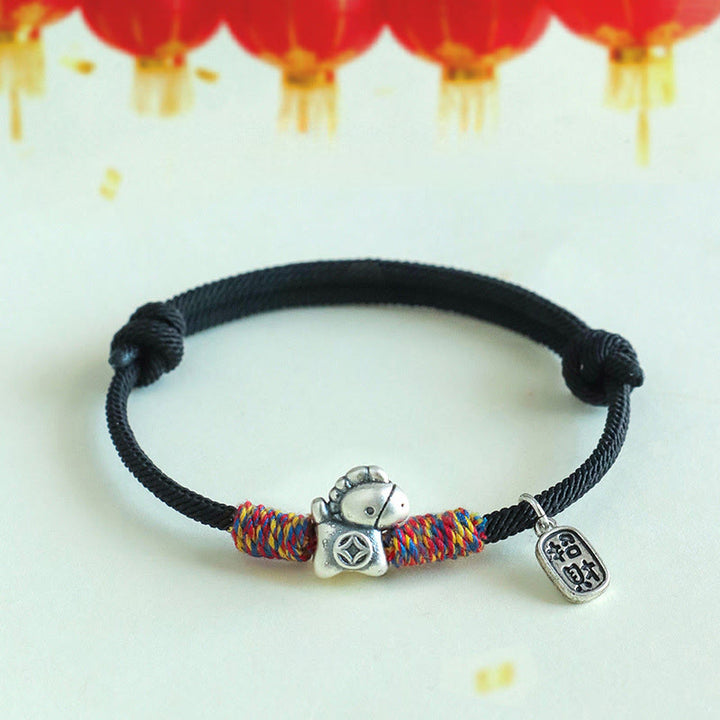 Buddha Stones 999 Sterling Silver Year Of The Horse Fu Character Attract Fortune String Rope Luck Bracelet - Black Rope(Wrist Circumference: 14-19cm) - image 14