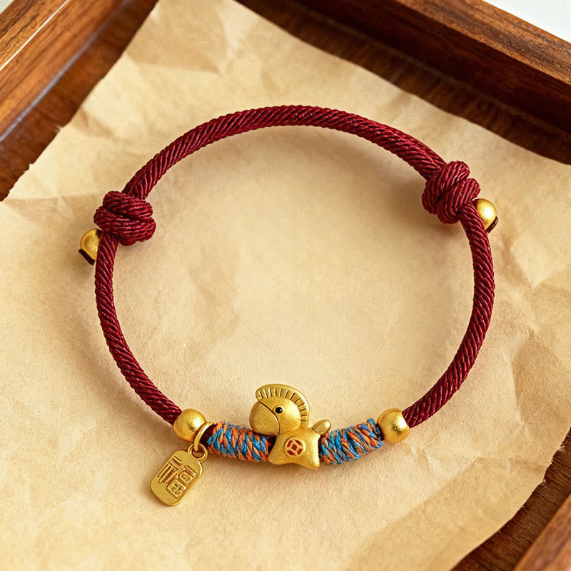 Buddha Stones 999 Sterling Silver Year Of The Horse Fu Character Charm Colorful String Rope Luck Bracelet - Gold Horse Red Rope(Wrist Circumference: 14-19cm) - image 0