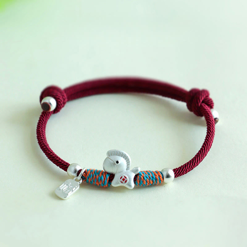 Buddha Stones 999 Sterling Silver Year Of The Horse Fu Character Charm Colorful String Rope Luck Bracelet - Silver Horse  Red Rope(Wrist Circumference: 14-19cm) - image 16
