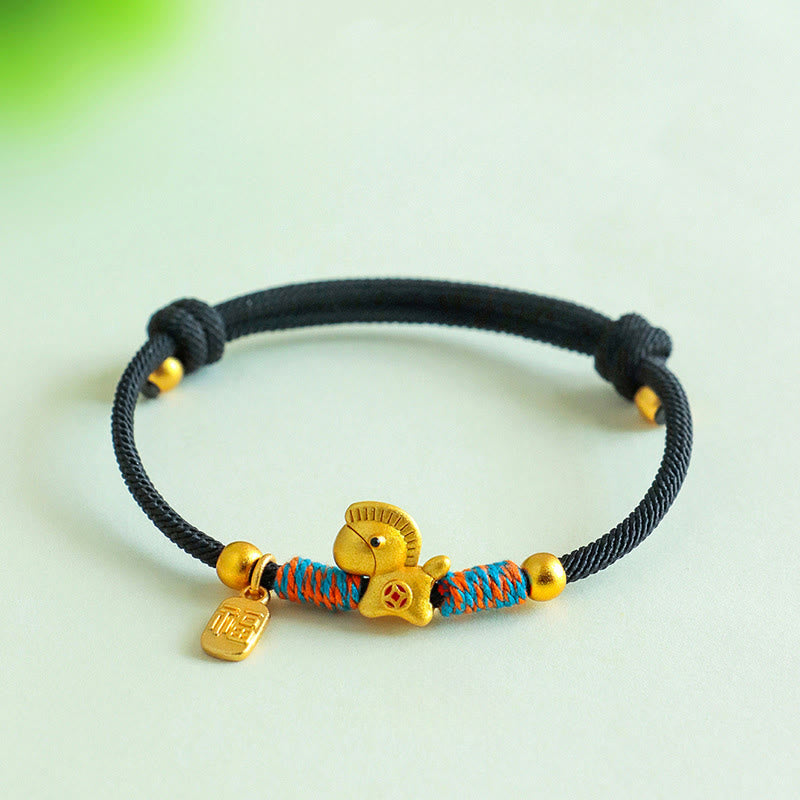Buddha Stones 999 Sterling Silver Year Of The Horse Fu Character Charm Colorful String Rope Luck Bracelet - Gold Horse Black Rope(Wrist Circumference: 14-19cm) - image 12