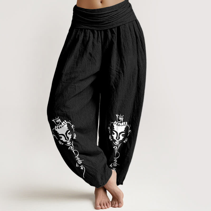 Buddha Stones Pure Cotton Concise Om Symbol Buddha Pattern Women's Elastic Waist Harem Pants - Black - US16，UK/AU20，EU48 (3XL) - image 5