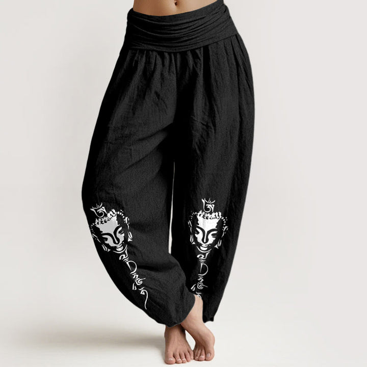 Buddha Stones Pure Cotton Concise Om Symbol Buddha Pattern Women's Elastic Waist Harem Pants - Black - US16，UK/AU20，EU48 (3XL) - image 5