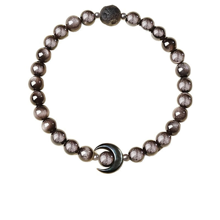 Buddha Stones Moon Design Natural Silver Sheen Obsidian Protection Beaded Bracelet - image 5