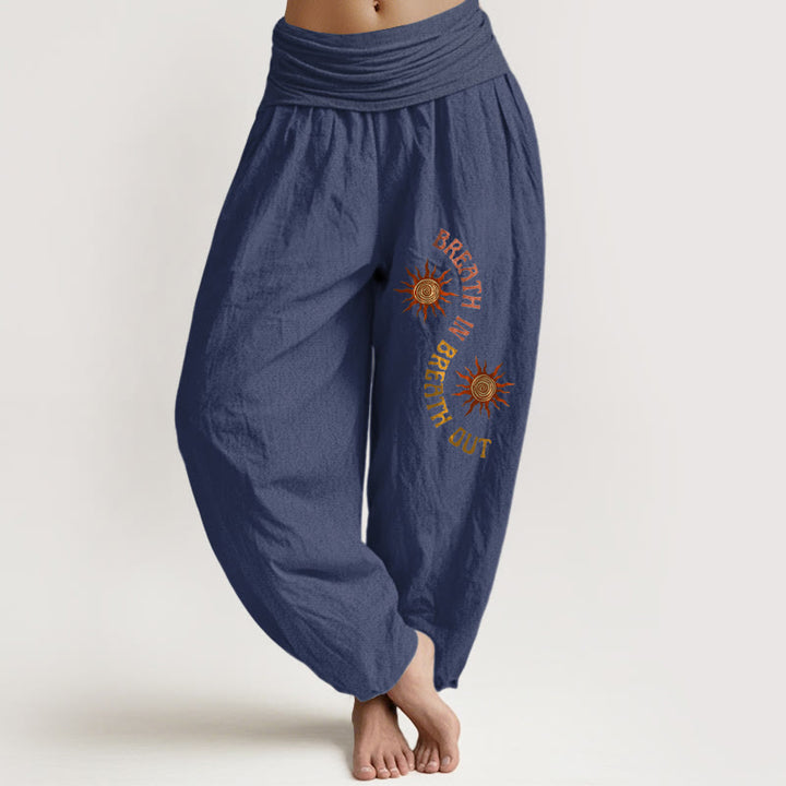 Buddha Stones Pure Cotton Warm Tones Sun English Phrases Pattern Women's Elastic Waist Harem Pants - DarkSlateBlue - US16，UK/AU20，EU48 (3XL) - image 5