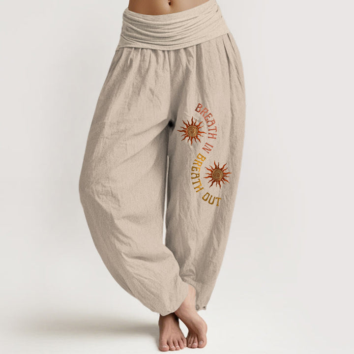 Buddha Stones Pure Cotton Warm Tones Sun English Phrases Pattern Women's Elastic Waist Harem Pants - Tan - US16，UK/AU20，EU48 (3XL) - image 11
