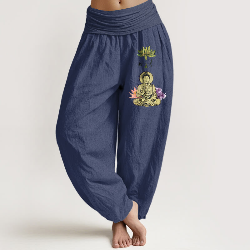 Buddha Stones Pure Cotton Traditional Lotus Buddha Pattern Women's Elastic Waist Harem Pants - DarkSlateBlue - US16，UK/AU20，EU48 (3XL) - image 5
