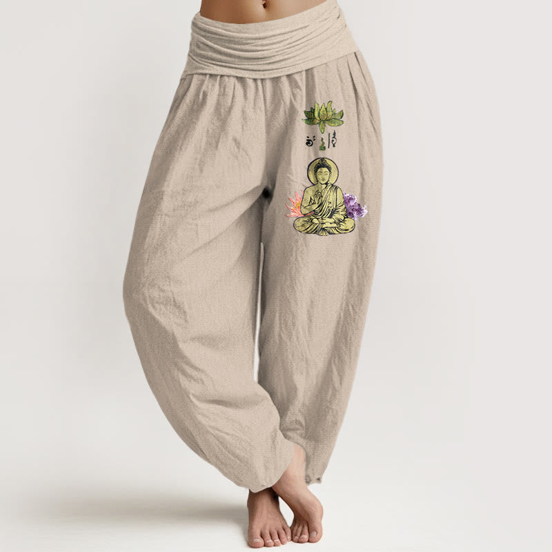 Buddha Stones Pure Cotton Traditional Lotus Buddha Pattern Women's Elastic Waist Harem Pants - Tan - US16，UK/AU20，EU48 (3XL) - image 11